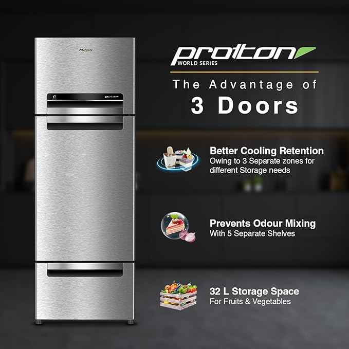 Whirlpool 300 L Frost Free Triple-Door Refrigerator(FP 343D Protton Roy, Alpha Steel)