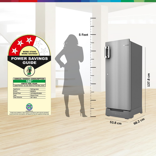 Bosch SmartChoice 207 L, 3 Star, Single Door Refrigerator with Industry's largest base drawer & veg box*(CST20S23PI,Fine Steel) |18 Hr Cooling Retention, 2.5x Faster Cooling, smart inverter compressor
