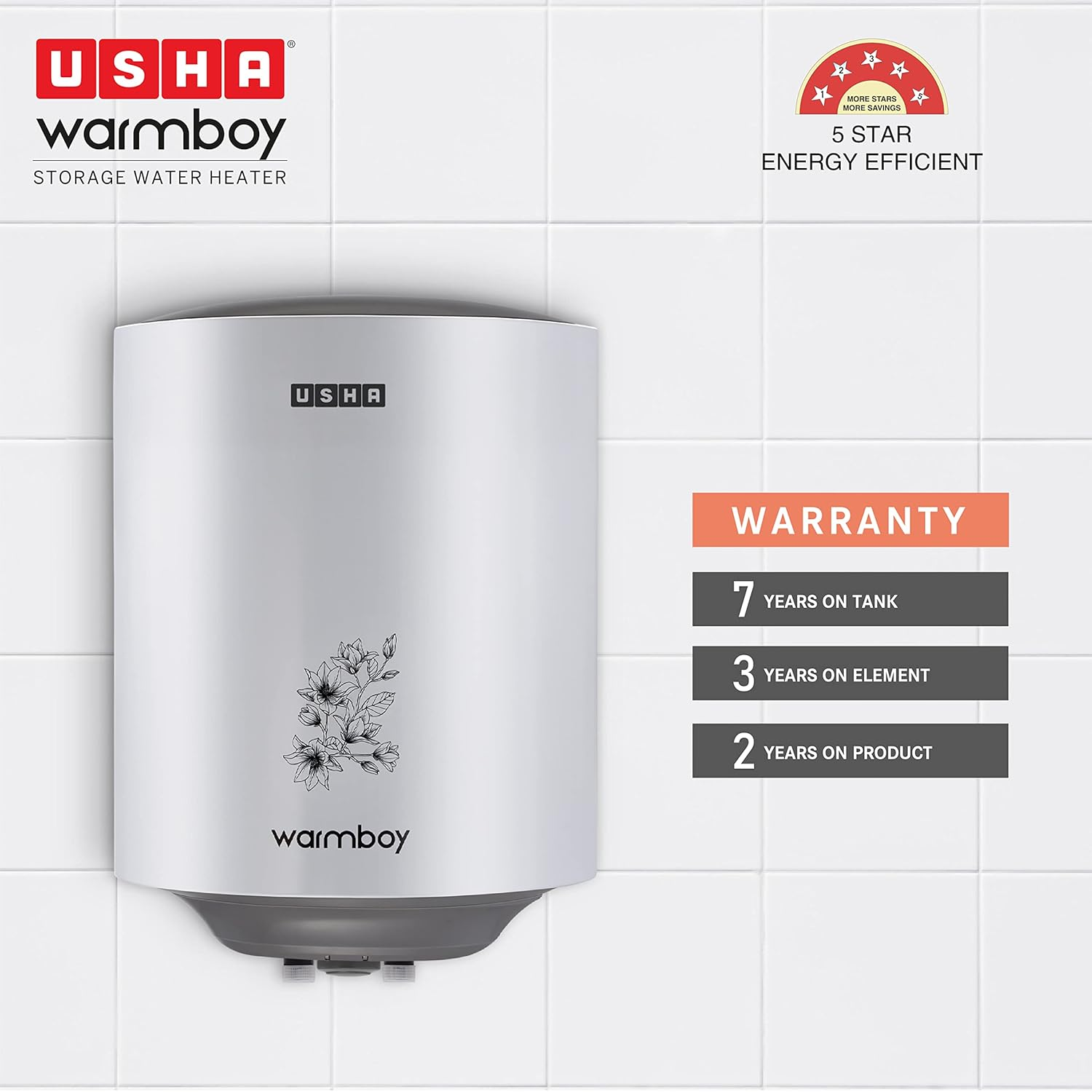 (BUY 1 GET 1) USHA Warmboy 25 Litre Storage Wall Water Heater (White)