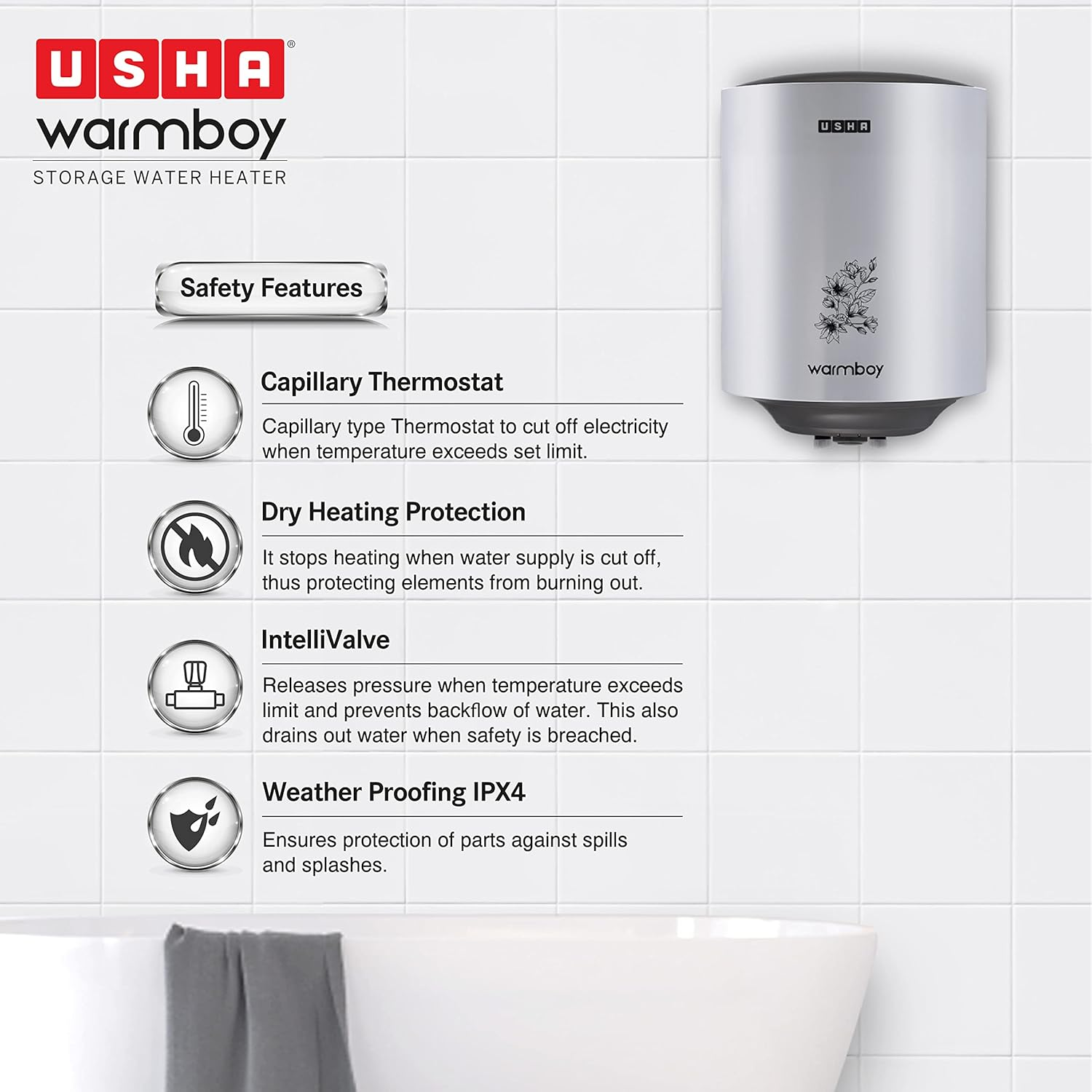 (BUY 1 GET 1) USHA Warmboy 25 Litre Storage Wall Water Heater (White)