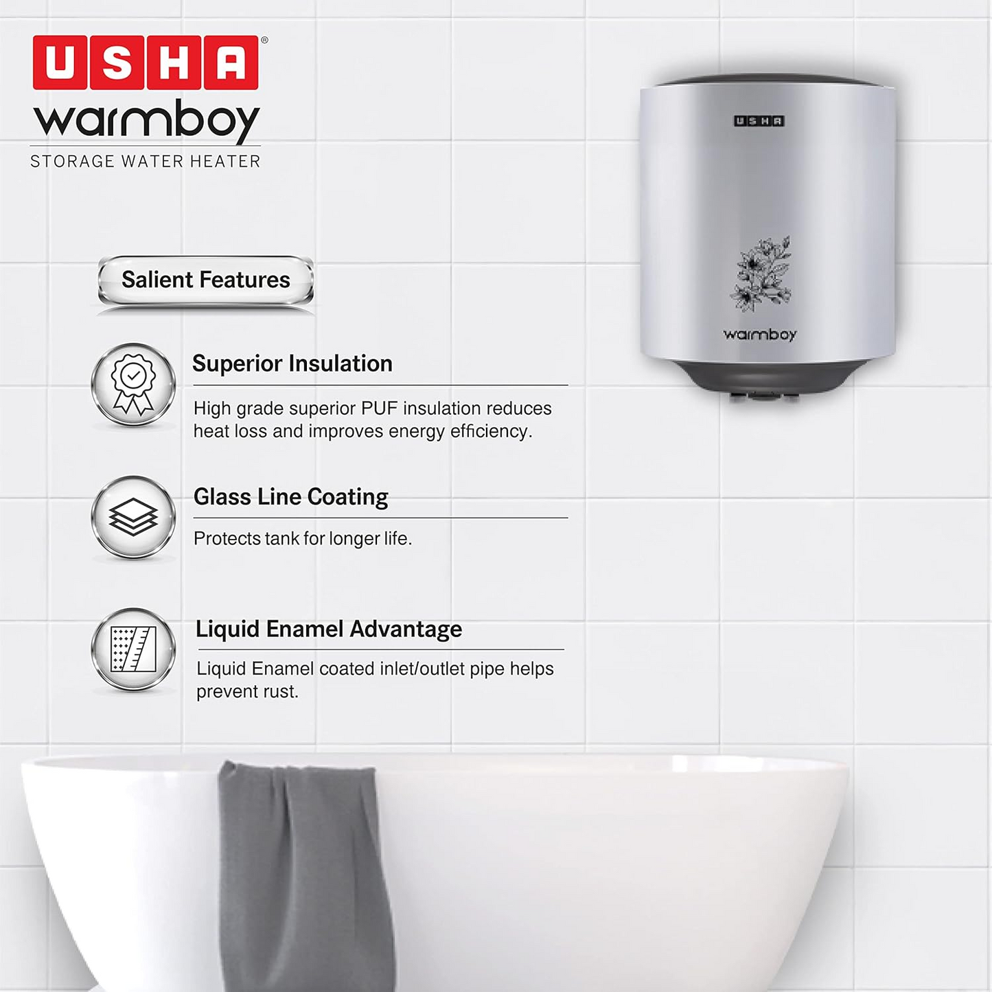 (BUY 1 GET 1) USHA Warmboy 25 Litre Storage Wall Water Heater (White)