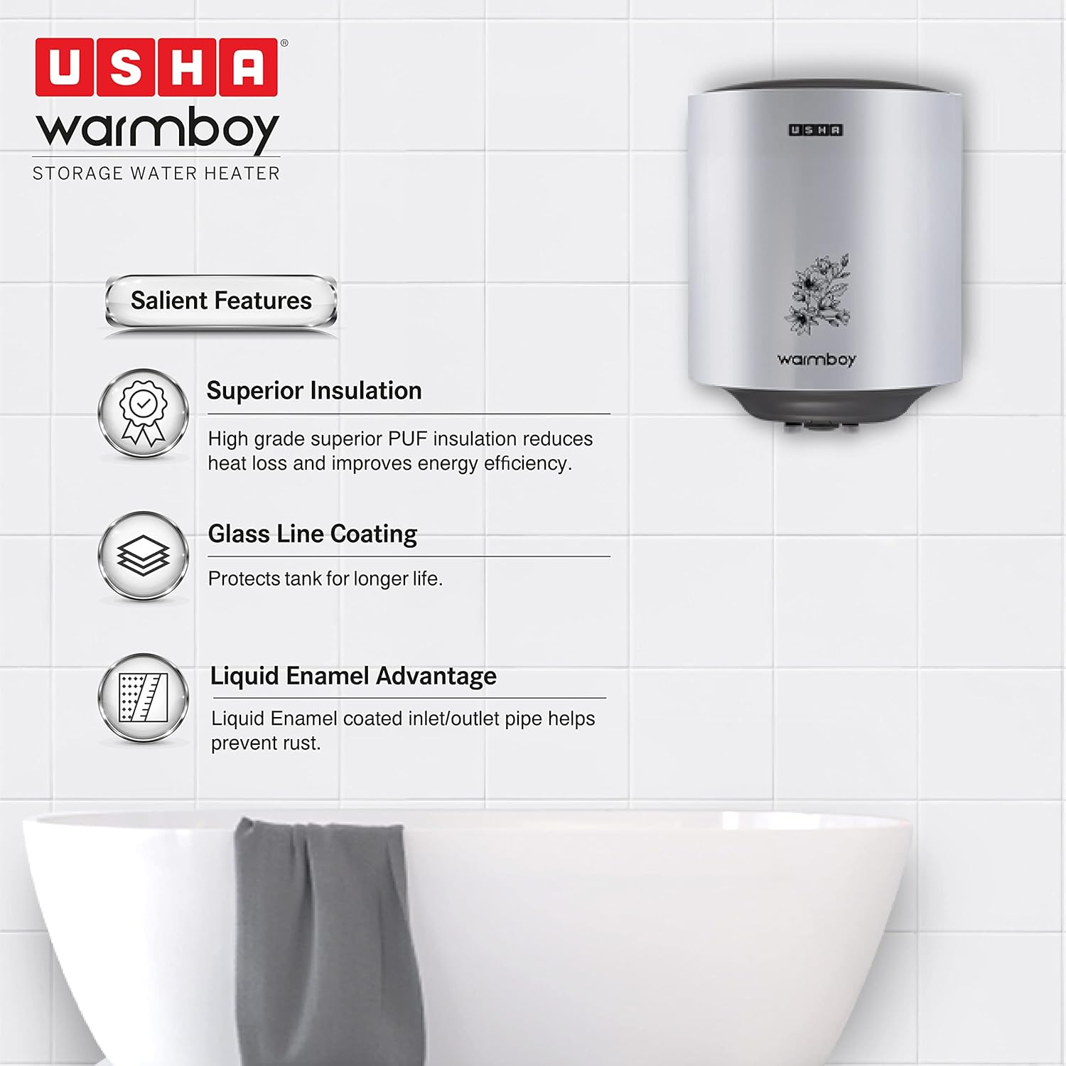(BUY 1 GET 1) USHA Warmboy 25 Litre Storage Wall Water Heater (White)