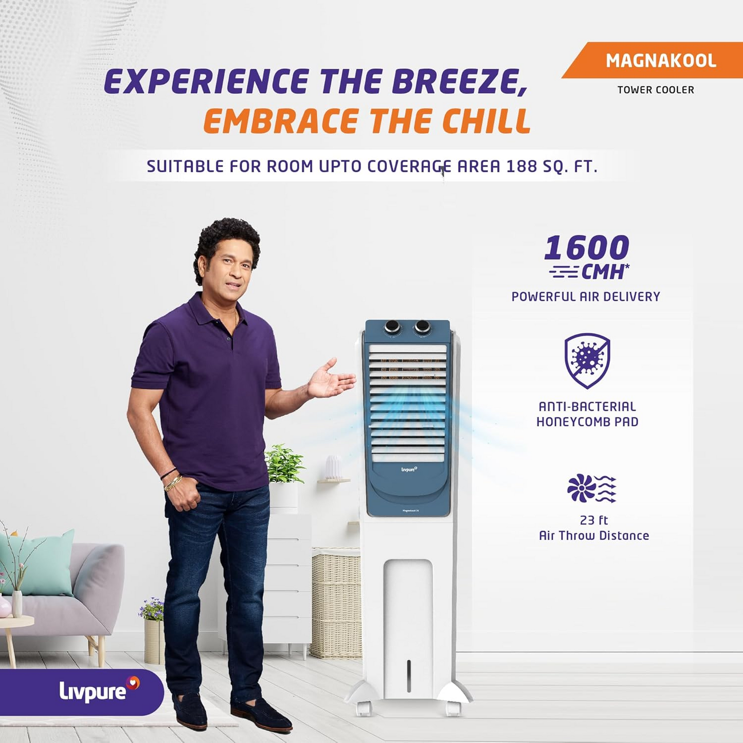 Livpure MagnaKool Tower air cooler- 28L | Cooler with High Air Delivery, Ice Chamber, Honeycomb Pads, Castor Wheels | Room Cooler with Inverter Compatibility| 2 year Warranty
