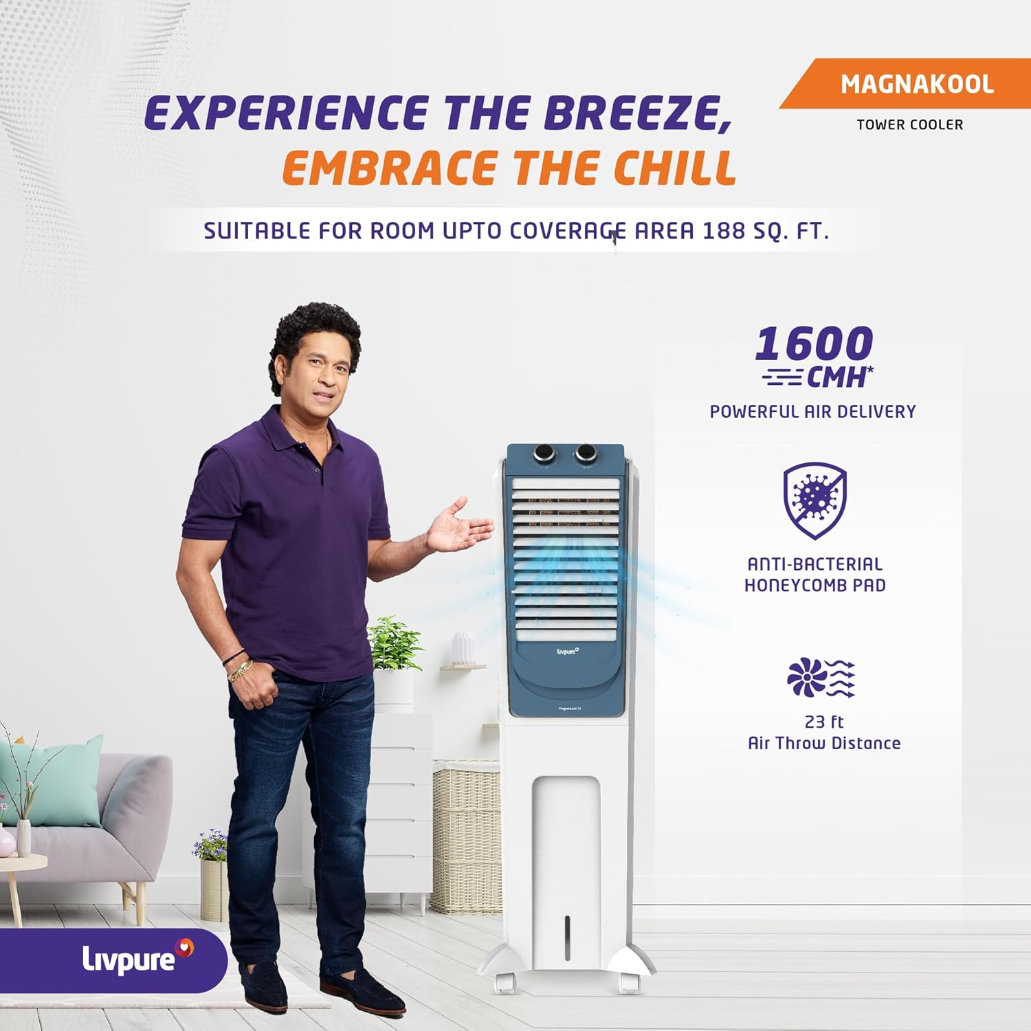 Livpure MagnaKool Tower air cooler- 28L | Cooler with High Air Delivery, Ice Chamber, Honeycomb Pads, Castor Wheels | Room Cooler with Inverter Compatibility| 2 year Warranty