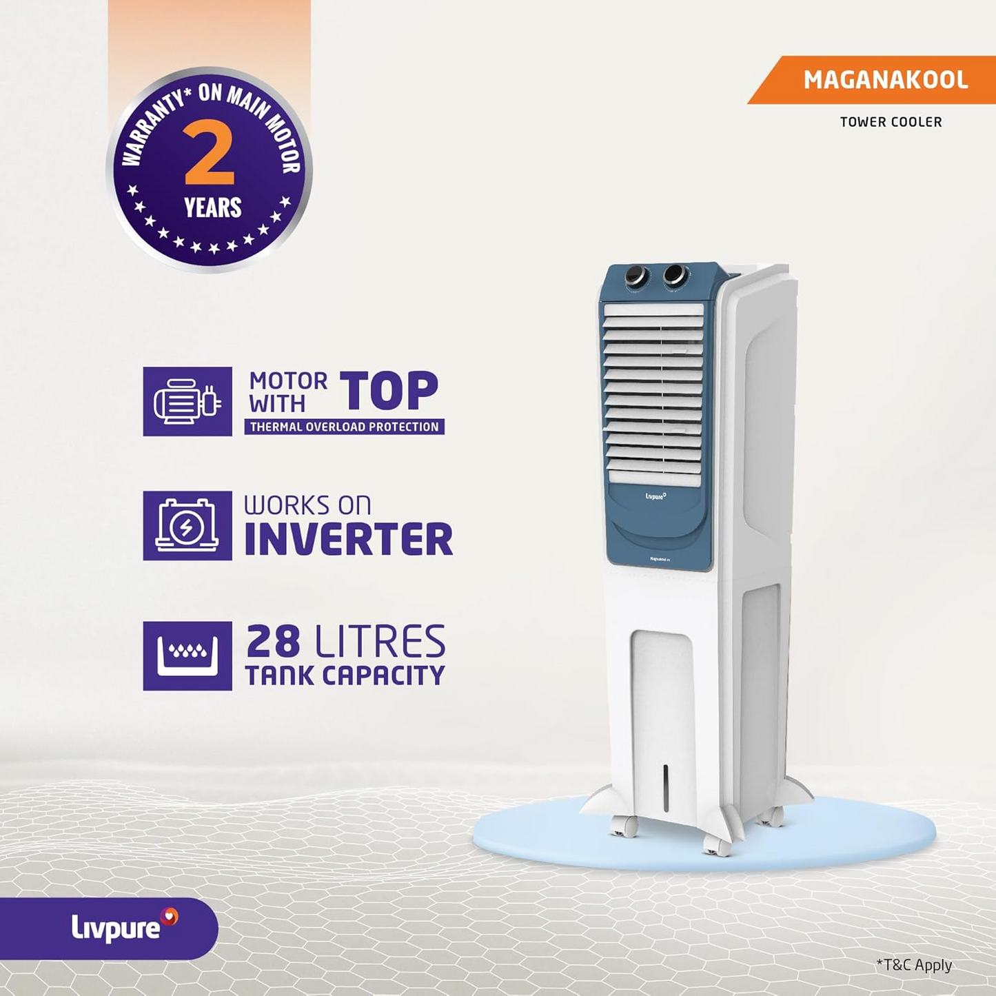 Livpure MagnaKool Tower air cooler- 28L | Cooler with High Air Delivery, Ice Chamber, Honeycomb Pads, Castor Wheels | Room Cooler with Inverter Compatibility| 2 year Warranty