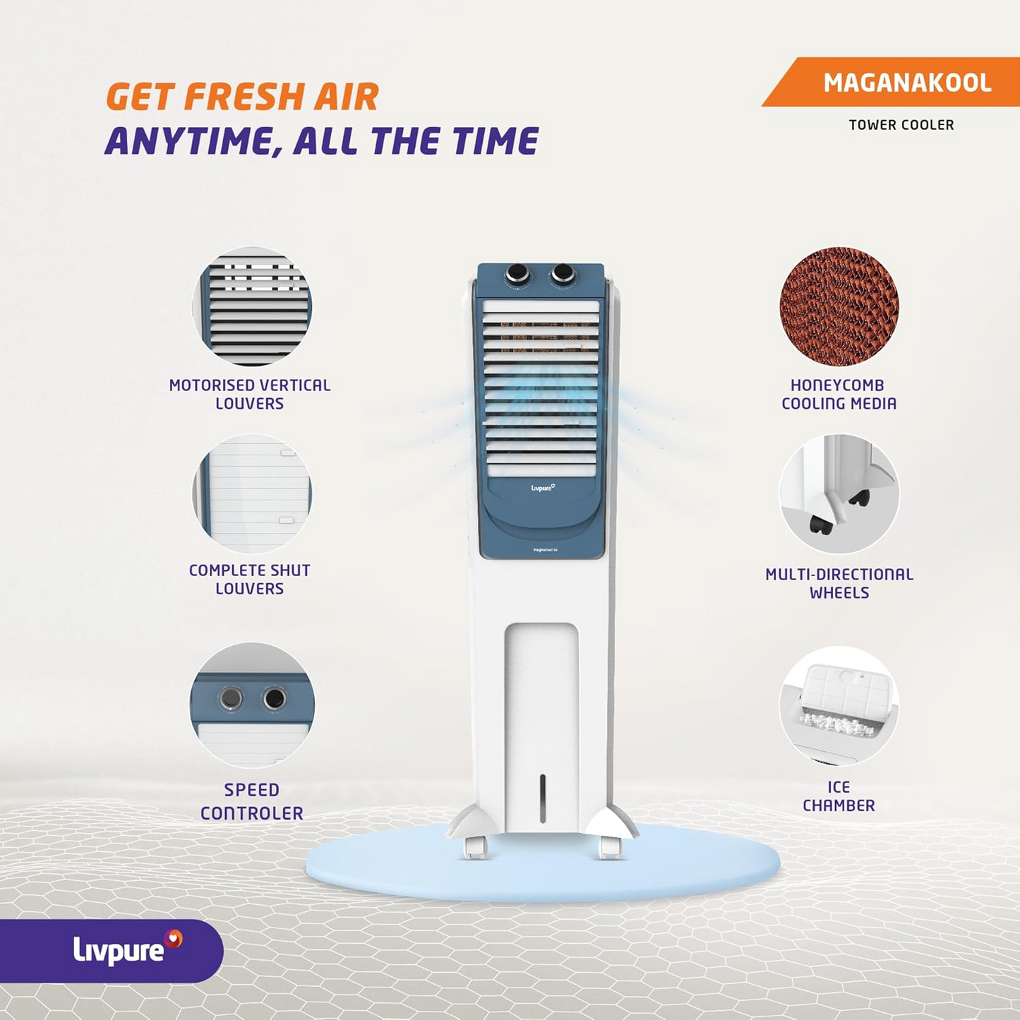Livpure MagnaKool Tower air cooler- 28L | Cooler with High Air Delivery, Ice Chamber, Honeycomb Pads, Castor Wheels | Room Cooler with Inverter Compatibility| 2 year Warranty