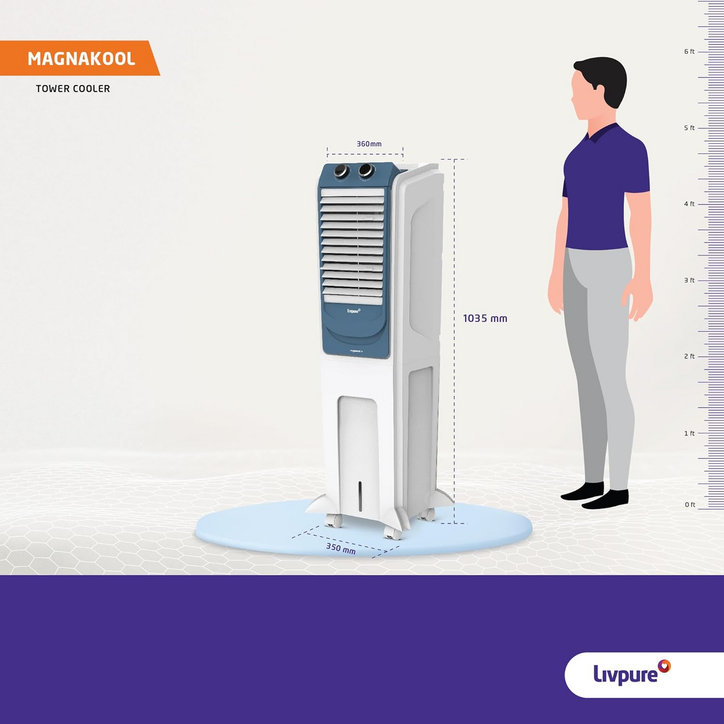 Livpure MagnaKool Tower air cooler- 28L | Cooler with High Air Delivery, Ice Chamber, Honeycomb Pads, Castor Wheels | Room Cooler with Inverter Compatibility| 2 year Warranty