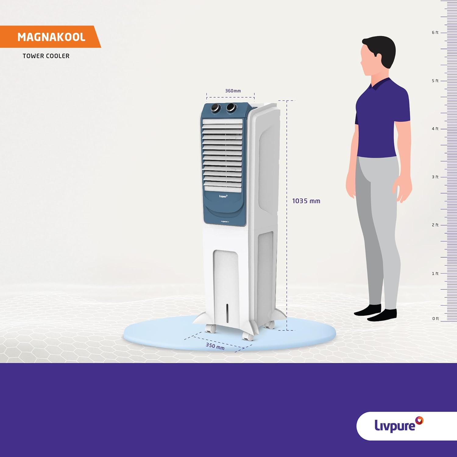 Livpure MagnaKool Tower air cooler- 28L | Cooler with High Air Delivery, Ice Chamber, Honeycomb Pads, Castor Wheels | Room Cooler with Inverter Compatibility| 2 year Warranty