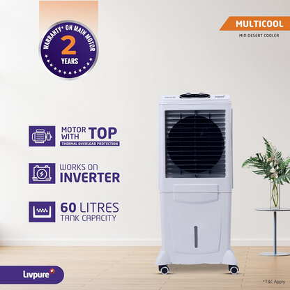 Livpure Multicool Mini Desert Air Cooler- 60L | Cooler with High Air Delivery, Honeycomb Pads, Multi-Directional Wheels | Room Cooler with Inverter Compatibility| 2 year Warranty by Livpure