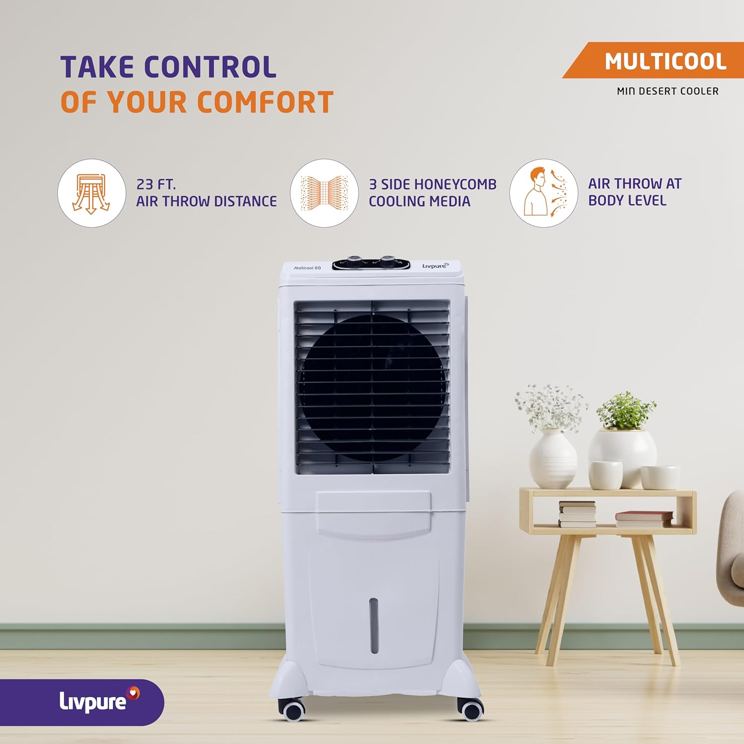 Livpure Multicool Mini Desert Air Cooler- 60L | Cooler with High Air Delivery, Honeycomb Pads, Multi-Directional Wheels | Room Cooler with Inverter Compatibility| 2 year Warranty by Livpure