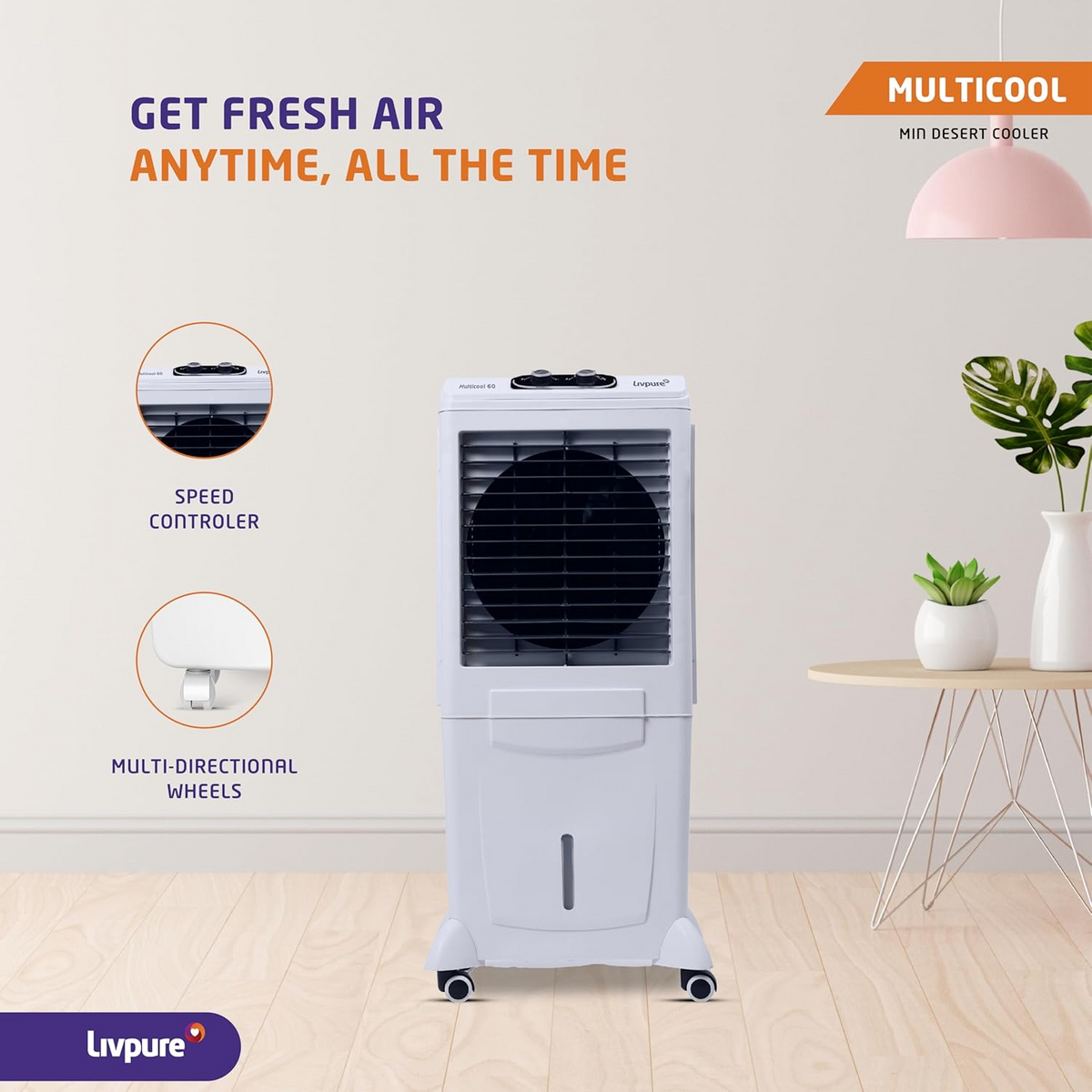 Livpure Multicool Mini Desert Air Cooler- 60L | Cooler with High Air Delivery, Honeycomb Pads, Multi-Directional Wheels | Room Cooler with Inverter Compatibility| 2 year Warranty by Livpure