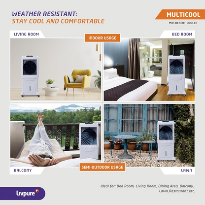 Livpure Multicool Mini Desert Air Cooler- 60L | Cooler with High Air Delivery, Honeycomb Pads, Multi-Directional Wheels | Room Cooler with Inverter Compatibility| 2 year Warranty by Livpure