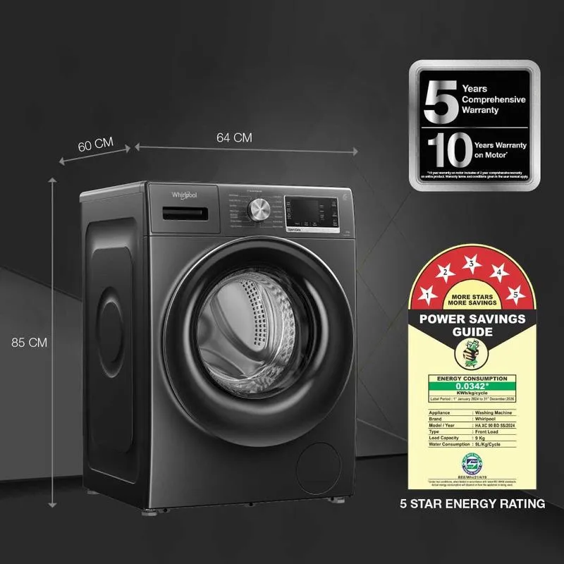 Whirlpool Xpert Care 9kg 5 Star Front Load Washing Machine with Ozone Air Refresh Technology and In-Built Heater