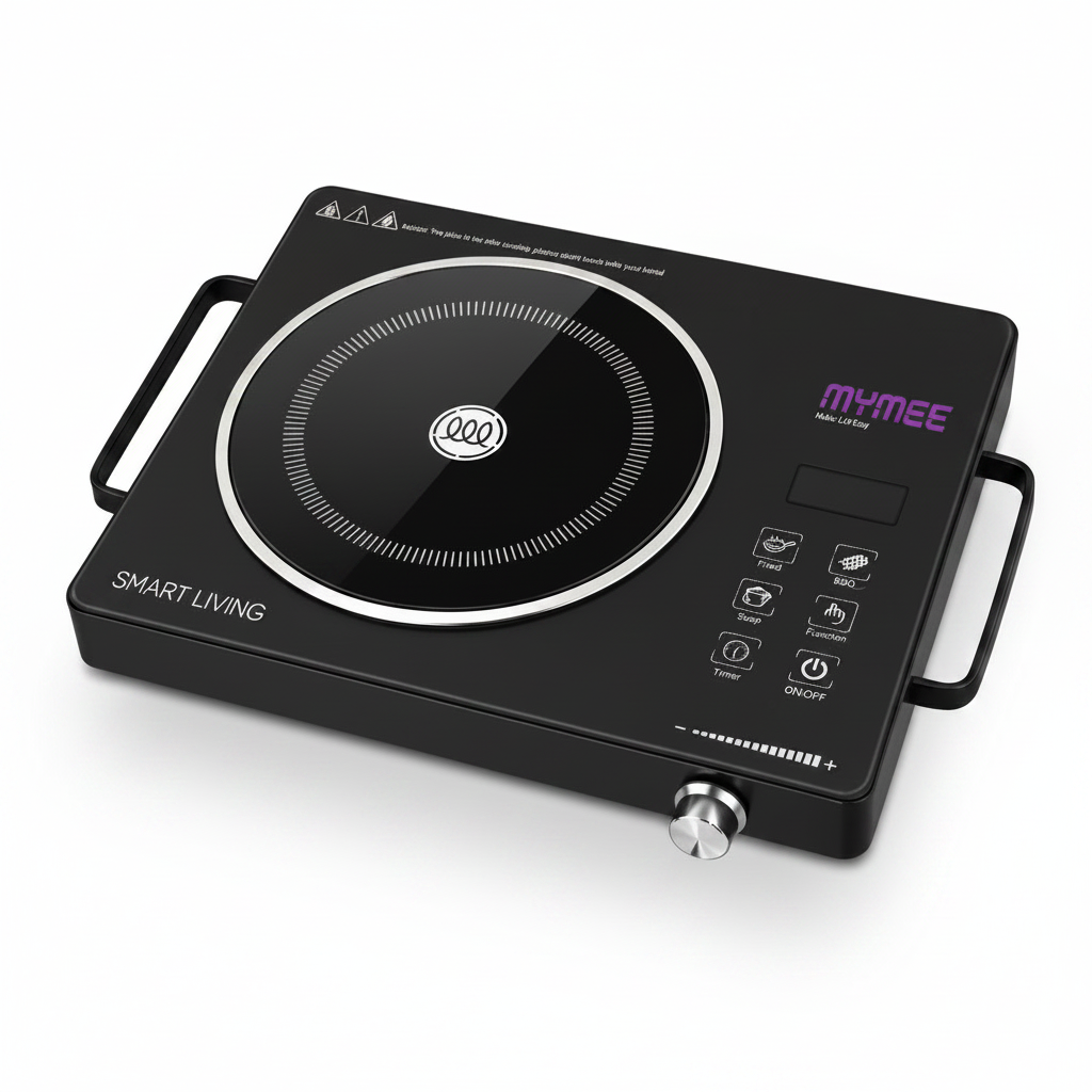 Black Mymmee portable induction cooktop with built-in handles, a digital touch control panel, and a silver power knob, shown on a white background.