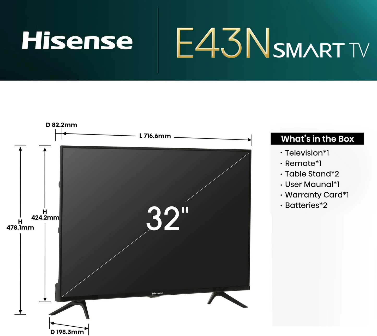 Hisense 32 Inch HD Ready Smart Google LED TV 32E43N with Dolby Audio