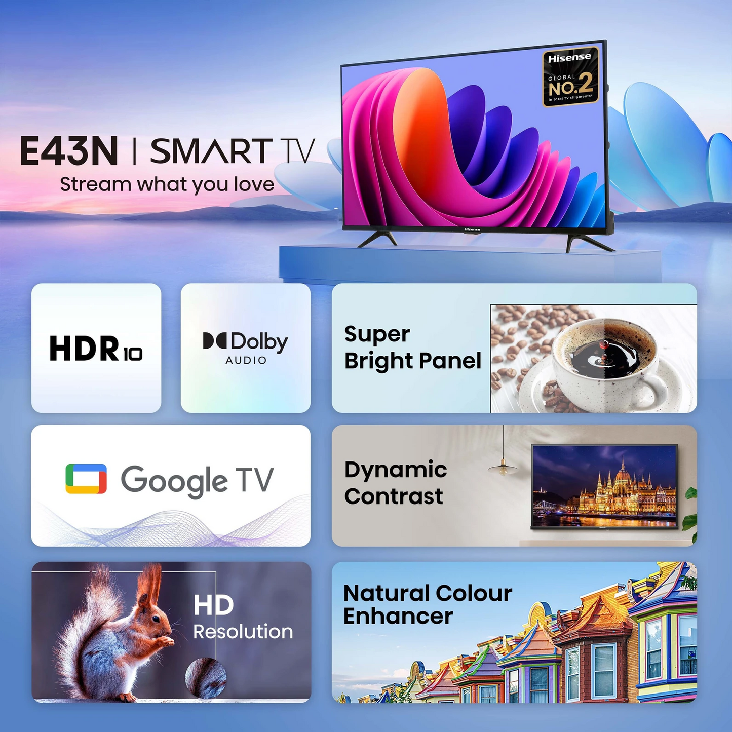 Hisense 32 Inch HD Ready Smart Google LED TV 32E43N with Dolby Audio