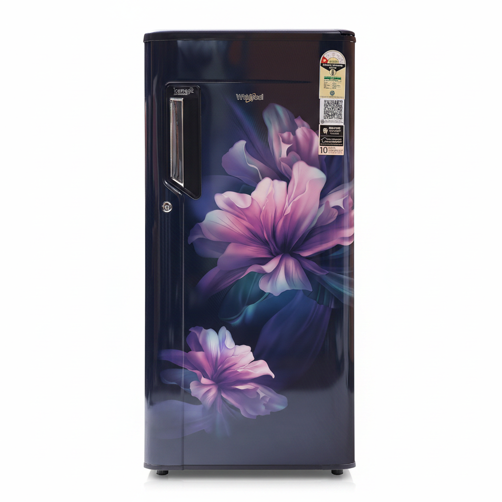 A Whirlpool single-door refrigerator with a glossy dark blue and purple floral design on the front door, featuring a vertical handle and energy efficiency stickers on the top right.