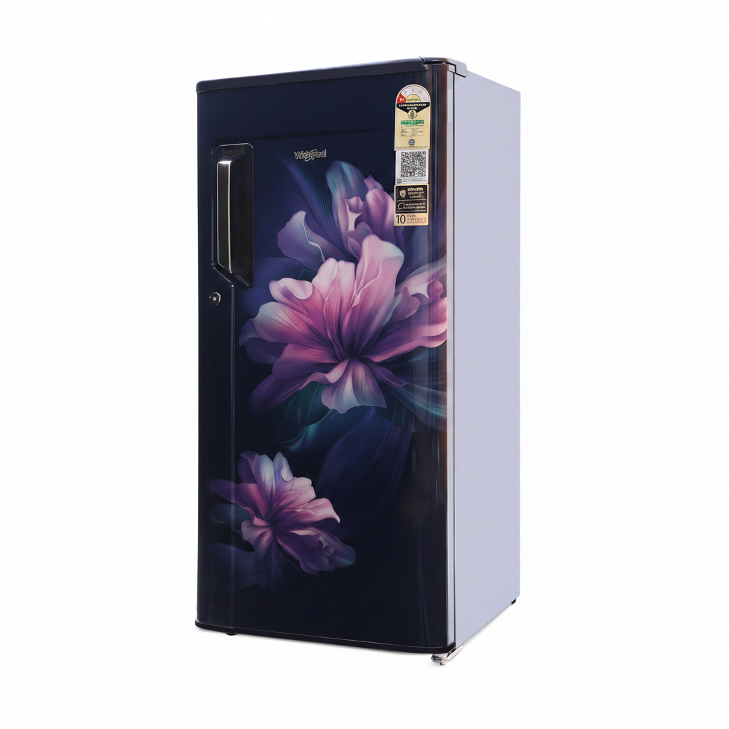 A Whirlpool single-door refrigerator with a dark navy blue door featuring a large purple and pink floral print, shown against a plain white background.