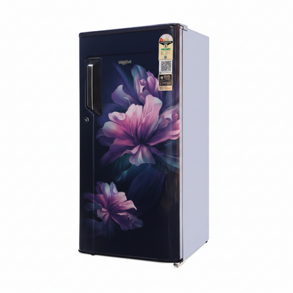 A Whirlpool single-door refrigerator with a dark navy blue door featuring a large purple and pink floral print, shown against a plain white background.